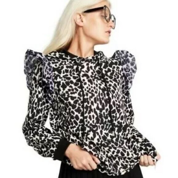 Sandy Liang Target Ditsy Hooded Sweatshirt Pullover Spotted Leopard Ruffle - Picture 1 of 5